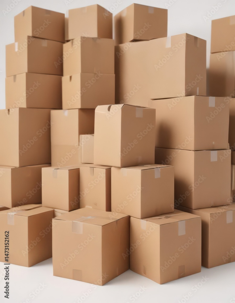 Several brown cardboard boxes against a pure white backdrop , organized, waste management, craft Several brown cardboard boxes against a pure white backdrop , organized, waste management, craft