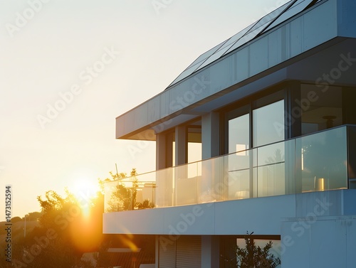 Architectural view showcases a sleek white house balcony at golden hour sunset.