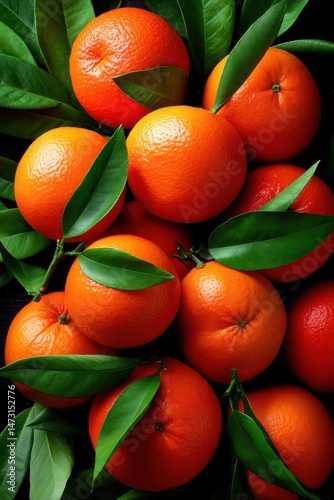 Close-packed ripe oranges seen from above, with occasional leafy accents and diffused light reflecting softly off peels