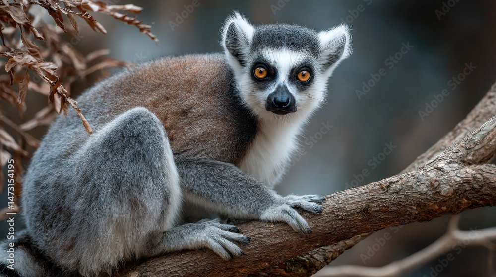 Obraz premium A ring-tailed lemur sits perched on a tree branch, its striking orange eyes captivating the viewer. The lemur's fur is a mix of grey, brown, and white, contrasting beautifully with th : Generative AI