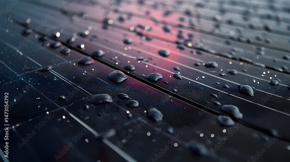 Fototapeta premium Close up shows raindrops on dark solar panels, with a soft, blurred background.