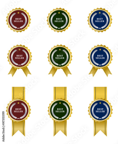 set of best seller labels with ribbon and gold elegant color combine with red, green, blue color. 