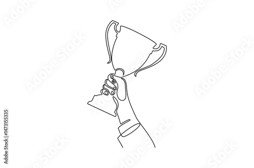 Continuous one line drawing of Hand holding trophy. Single line drawing illustration of People holding an awards cup. Achievement concept vector art. Doodle line illustration.