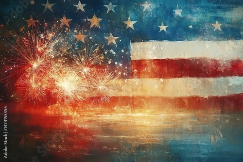 Fireworks over American flag