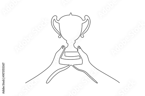 Continuous one line drawing of Hand holding trophy. Single line drawing illustration of People holding an awards cup. Achievement concept vector art. Doodle line illustration.