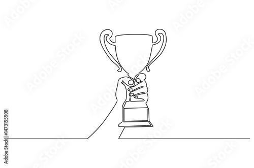 Continuous one line drawing of Hand holding trophy. Single line drawing illustration of People holding an awards cup. Achievement concept vector art. Doodle line illustration.
