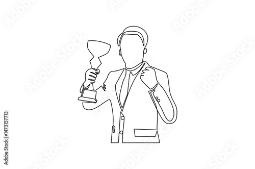 Continuous one line drawing of Business man holding up trophy cup. Single line drawing illustration of Young man holding trophy. Achievement concept vector art. Doodle line illustration.