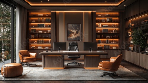 Luxurious Home Office with Dark Wood and Leather Accents