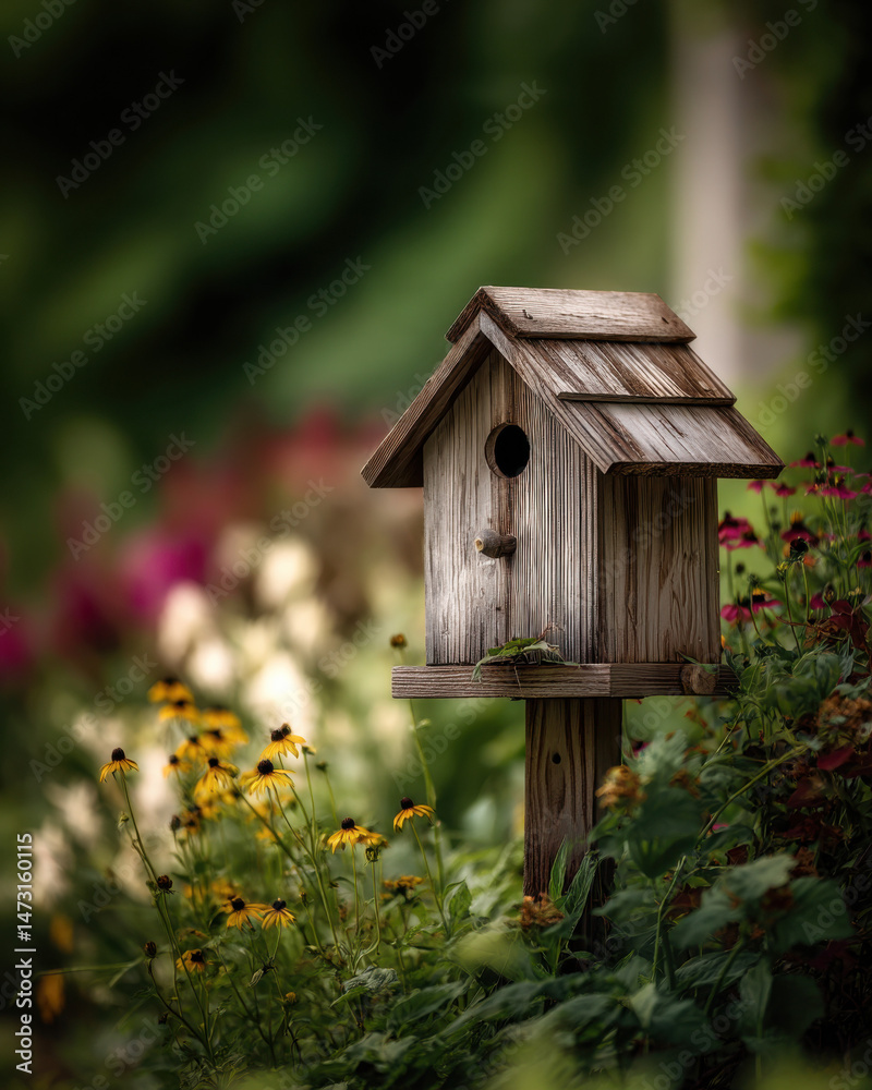 Naklejka premium Rustic wooden birdhouse stands in a vibrant garden, surrounded by blooming yellow flowers and lush green foliage, creating a tranquil outdoor scene. : Generative AI