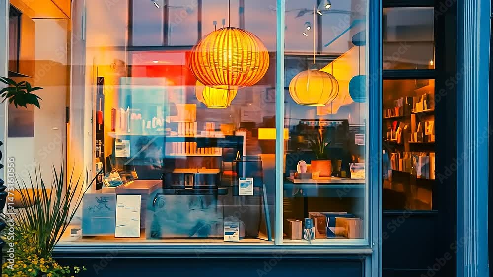 Cozy bookstore window at dusk with glowing lanterns, showcasing books and plants in the background