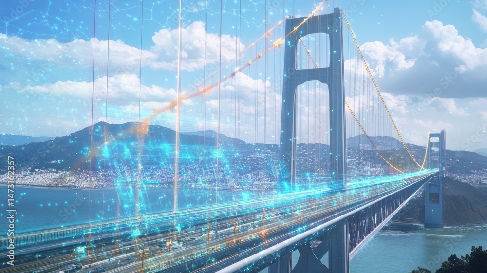 Fototapeta premium Futuristic bridge with digital overlay