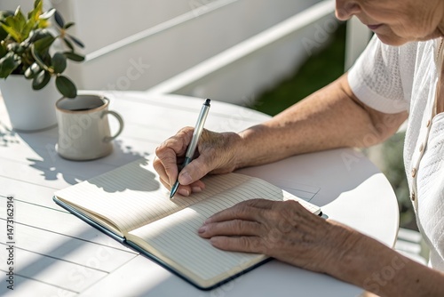 Senior person's hand writing in wellness journal, cropped top view

 photo