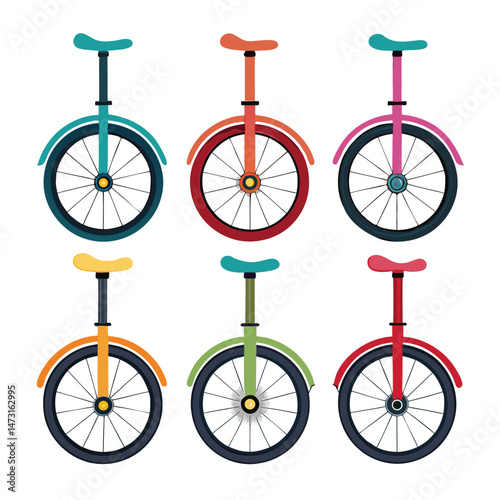 Six classic unicycle transport isolated on white background