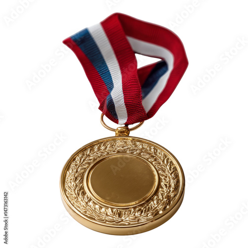 Gold Medal with Red and Blue Ribbon on Transparent Background
