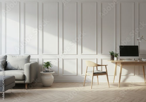 Living room interior with white wall paneling, sofa, desk, and computer