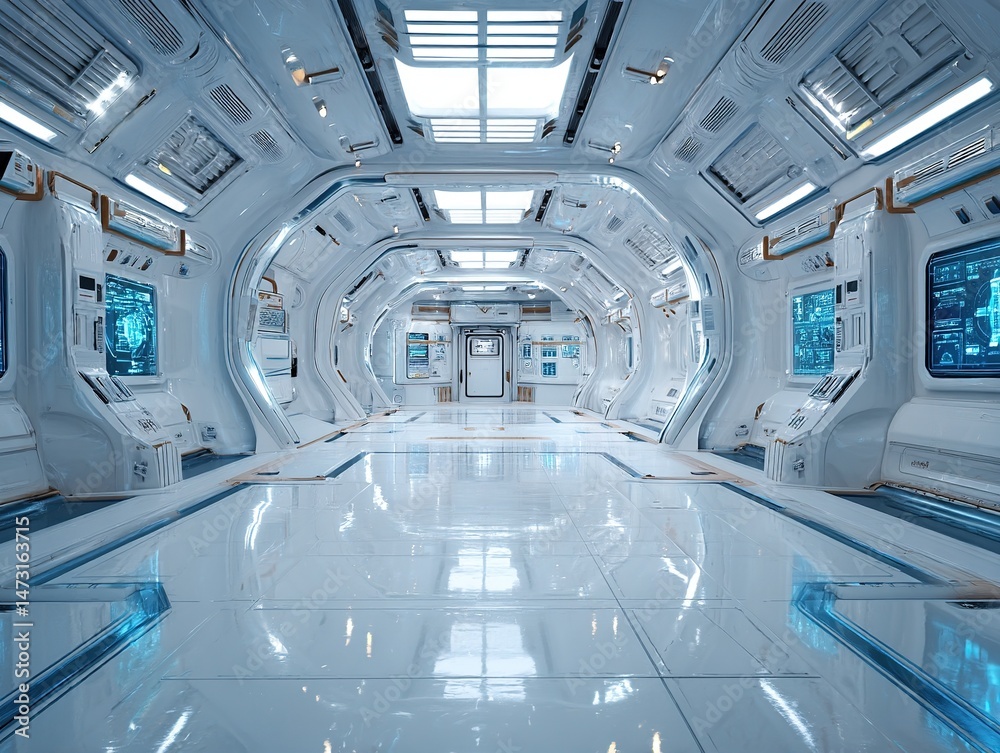 Obraz premium The interior of a futuristic space station, equipped with an advanced holographic interface and pure white and blue lighting, presents a high-tech 4K rendered environment with retro-futuristic design.