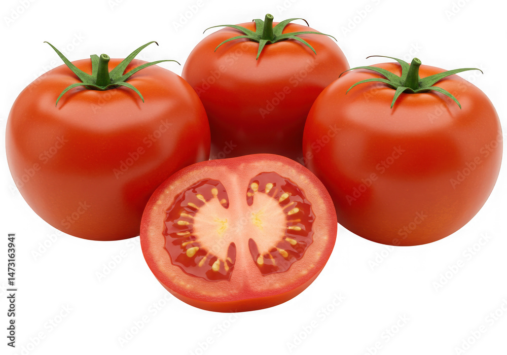 Fototapeta premium Ripe tomatoes and slice isolated on transparent background