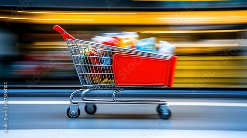 Full shopping cart moving fast in a store
