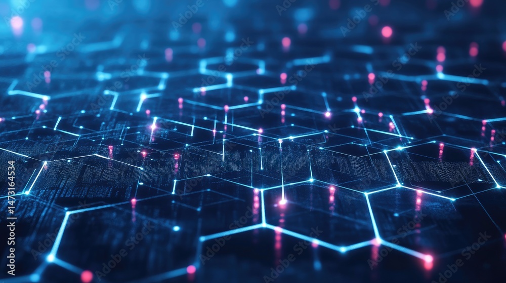 Geometric digital patterns with neon lights and floating hexagons creating a high-tech abstract background Geometric digital patterns with neon lights and floating hexagons creating a high-tech abstract background