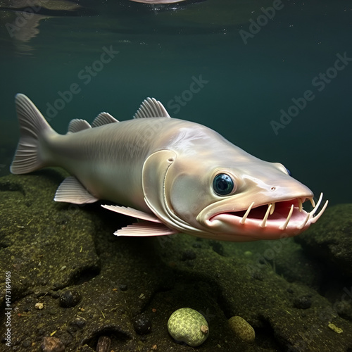 silurus glanis european wels catfish fish large, scaleless, slime covered body, and six barbels - two of which are long and on the side of the mouth and the other four are on the lower jaw. It has a t photo