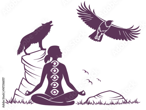 Tribal Chakra Meditation Silhouette with Spirit Animals – Eagle, Wolf & Bear