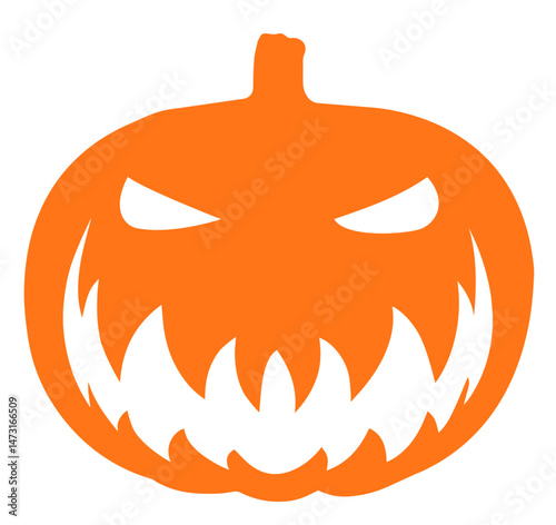 Scary orange Halloween pumpkin with sharp eyes and a wide, menacing smile. Classic jack-o’-lantern silhouette, spooky holiday, Halloween decorations, party invites, seasonal.