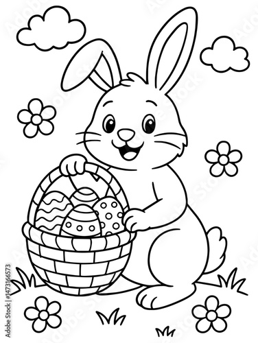 Cute Easter coloring page with a smiling bunny holding a basket of decorated eggs, surrounded by flowers, clouds, and grass. 