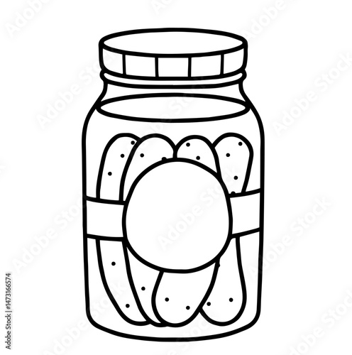 glass jar filled with pickled cucumbers, sealed with a lid and labeled in the center. food preservation, homemade pickles, canning