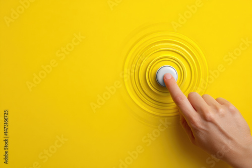 A finger presses a white button on a vibrant yellow surface, creating concentric circles.  The image evokes a sense of activation or initiation. : Generative AI