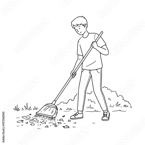 Teen sweeping yard