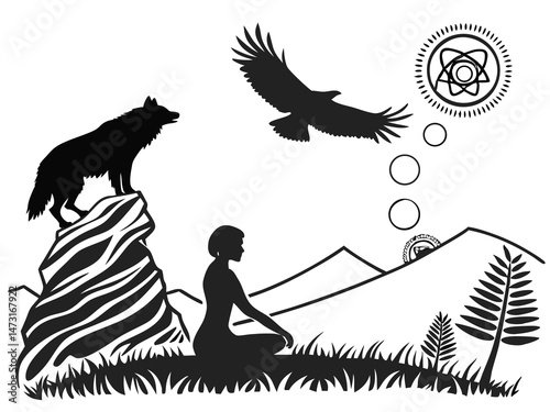 Tribal Chakra Meditation Silhouette with Spirit Animals – Eagle, Wolf & Bear
