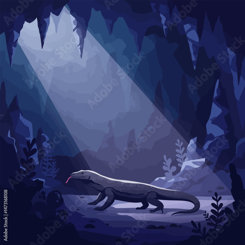 Walking Lizard in Deep Cave with Light Ray Shining Through