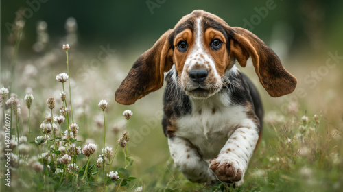 Adorable basset hound puppy running playfully through a field of white clover blossoms, showcasing its charming floppy ears and spotted fur. : Generative AI