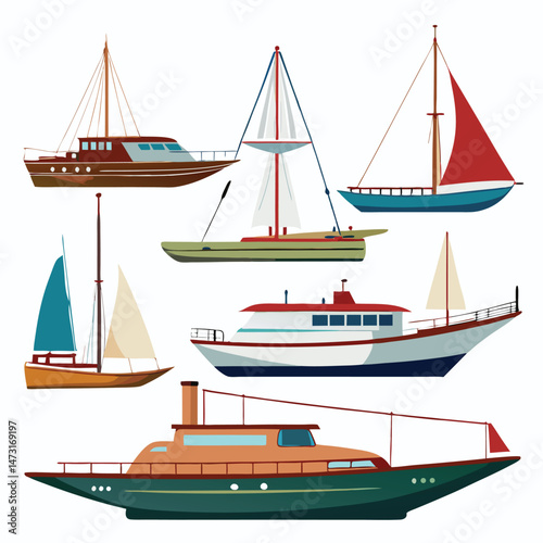 Six classic yacht transport isolated on white background