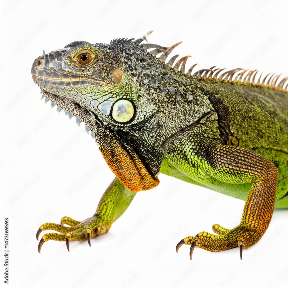 Fototapeta premium Colorful Iguana Climbing on White Background