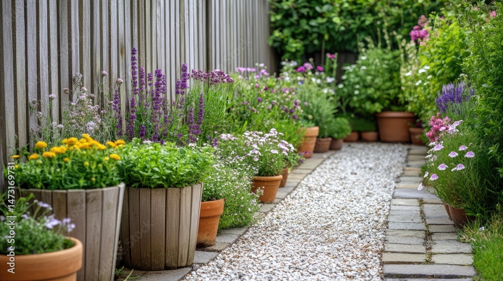 Naklejka premium Narrow garden path lined with fragrant herbs, flower pots, and wooden accents along a tall privacy fence