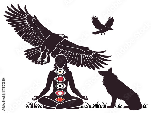 "Chakra Meditation with Tribal Animal Spirits – Silhouette Spiritual Artwork"