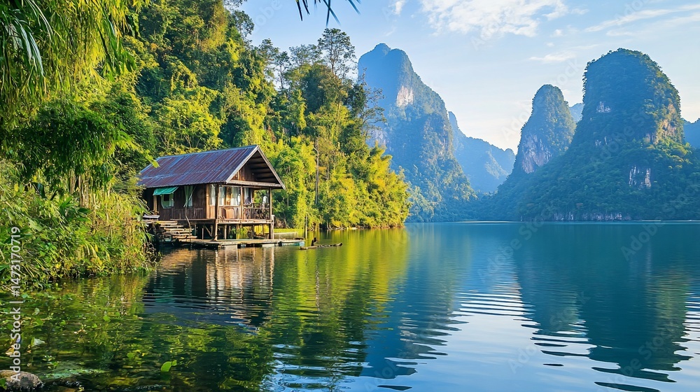 Fototapeta premium Picturesque wooden house on a lake surrounded by lush mountains and greenery