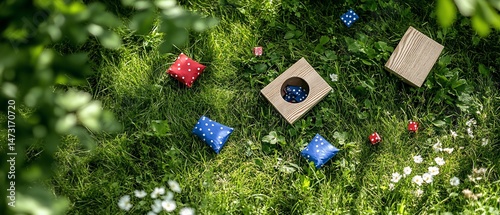 Fototapeta Naklejka Na Ścianę i Meble -  Outdoor game with red & blue beanbags, wooden boxes & dice scattered on lush green grass