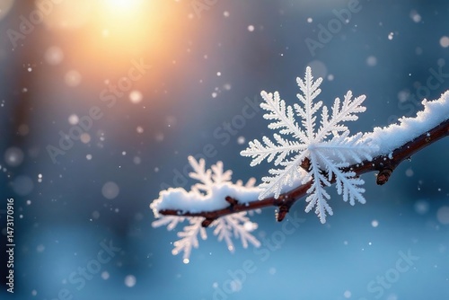 Intricate snowflakes on a winter branch, glistening in the soft sunlight , winter wonderland, Christmas