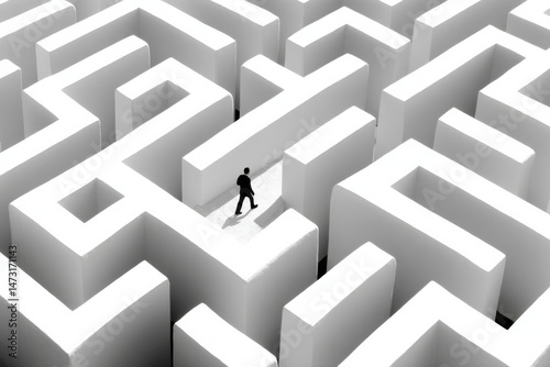 A businessman navigates a complex, white labyrinth, symbolizing challenges and decision-making in a corporate environment. The high-angle view emphasizes the maze's intricate design an : Generative AI
