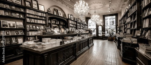 Interior bookstore view shows shelves of books and stacks on tables under lights