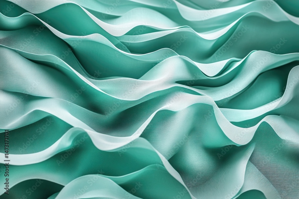 Obraz premium Abstract background of mint and aqua fabric with soft flowing waves and elegant folds. Fluid textile design, modern pattern for interior decor