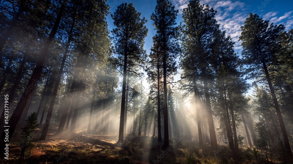 Obraz premium Sunlight filtering through dense fog forest of tall pine trees soft rays of light illuminating misty atmosphere creating tranquil ethereal scene of nature cut out on isolated transparent background