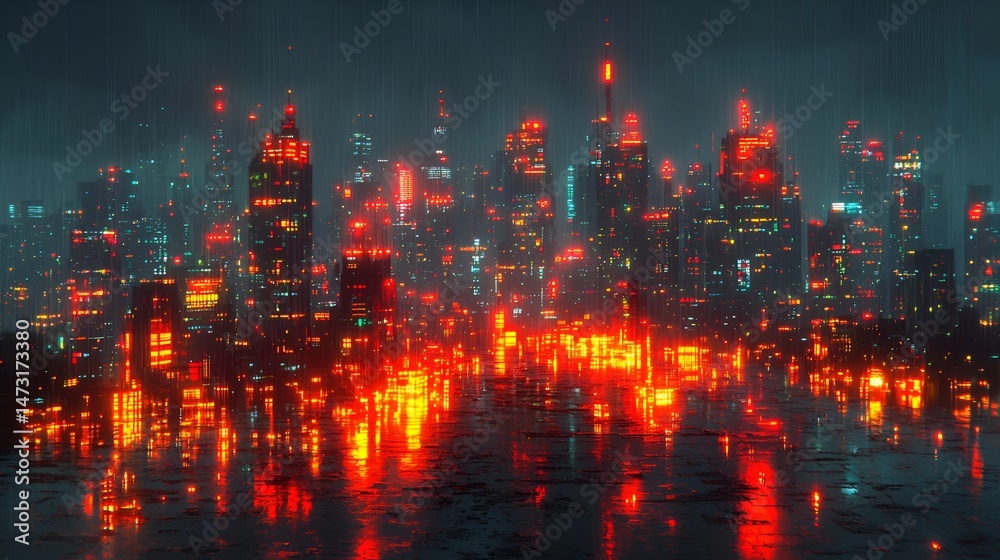 Fototapeta premium Cyberpunk city at night reflecting in rain.