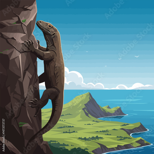 Reptile Climbing Rocky Cliff with Ocean and Island View