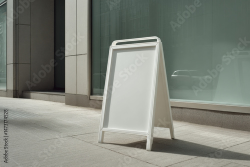 Blank white sandwich board sign stands on sidewalk outside modern building, showcasing advertising space for business promotion. : Generative AI photo