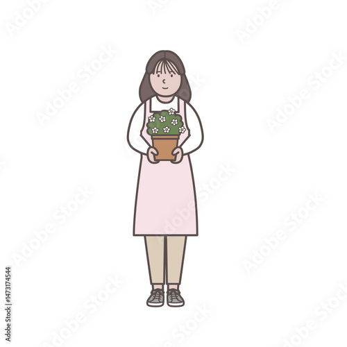 鉢植えを持った花屋の女性店員のイラスト