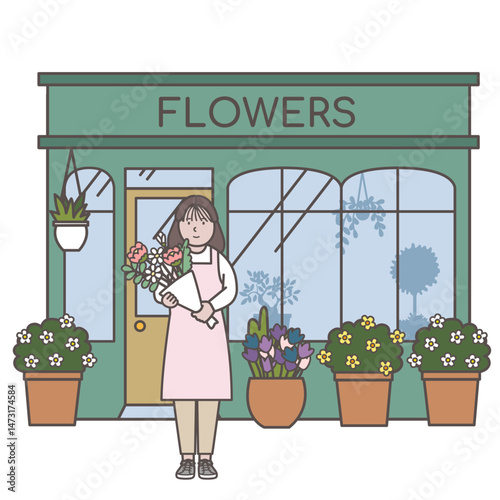 花屋の前にたつ女性店員のイラスト