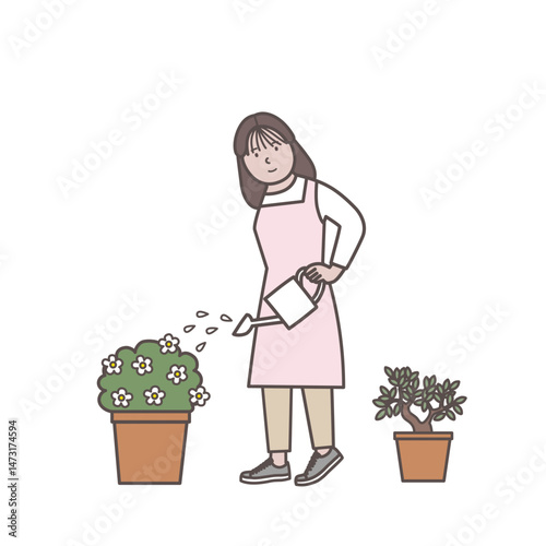 植物に水をあげる花屋の女性店員のイラスト
